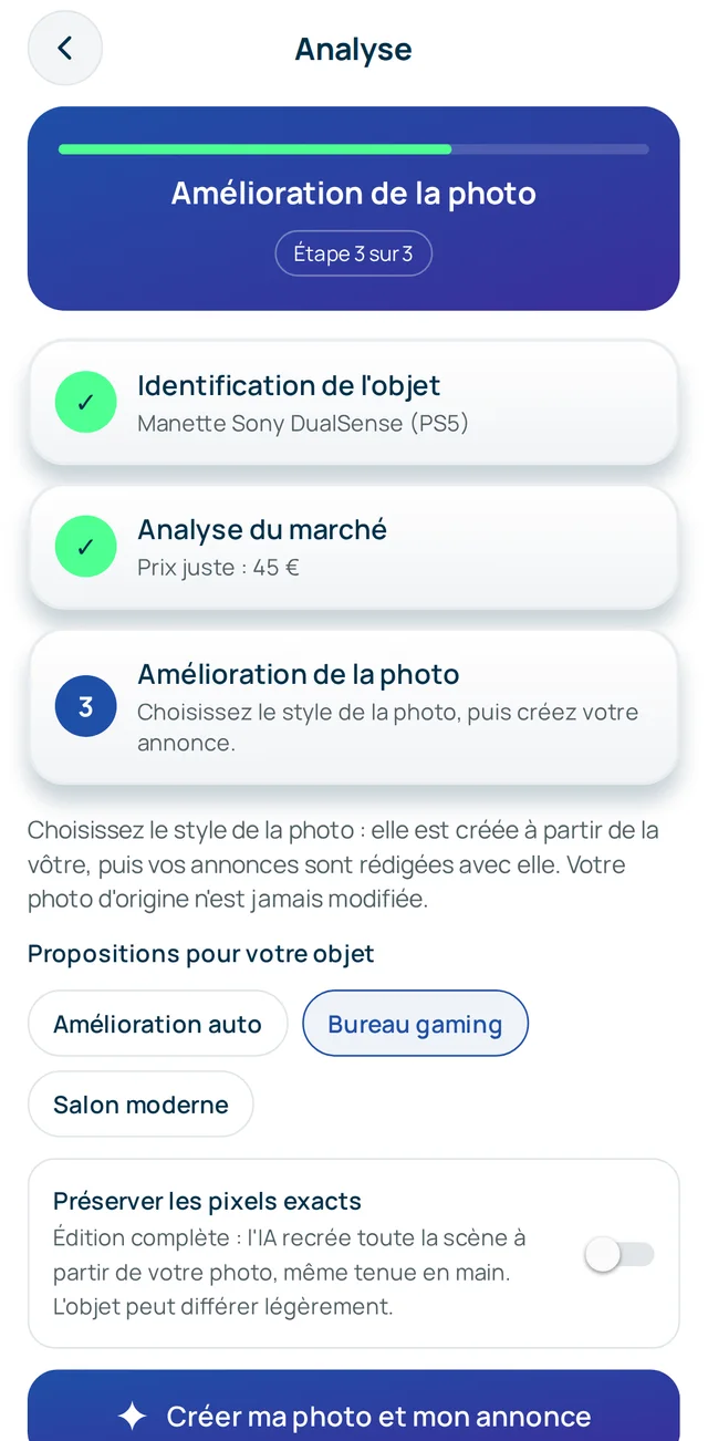 Écran d'analyse : identification, analyse du marché, amélioration de la photo
