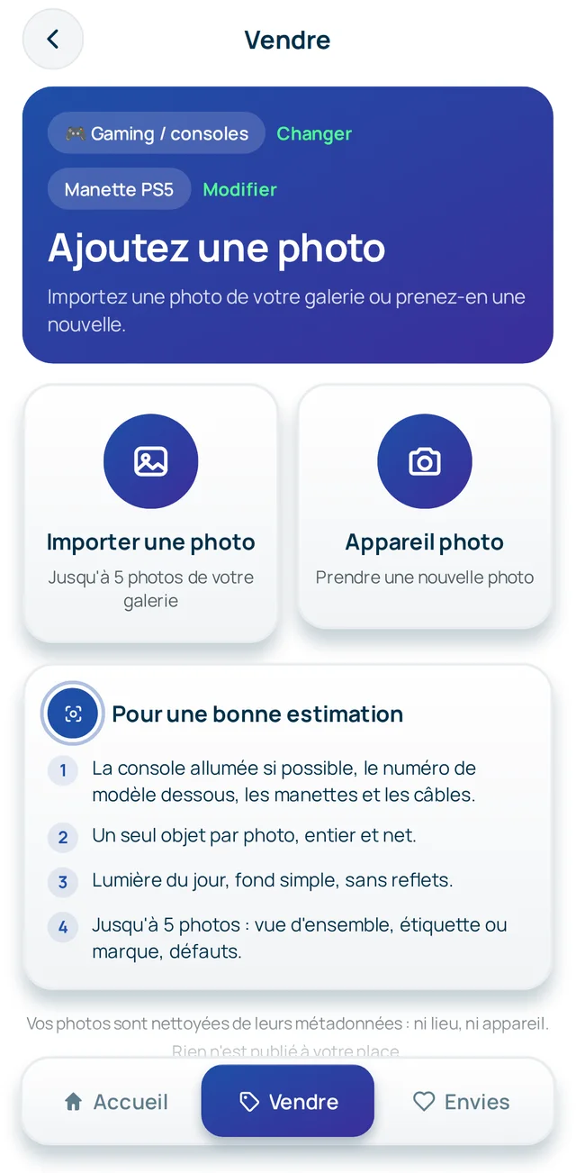 Écran Vendre : importer une photo ou prendre une photo